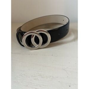 Nine West Women's Belt Size S 38X 1.1 Inch Black Faux Leather Silver Tone Buckle